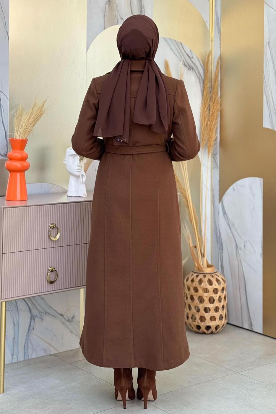 Tesettür giyim KAHVE KUŞAKLI MANTO T 8777
