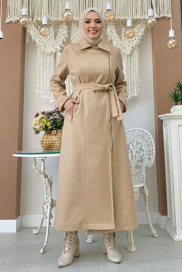 Tesettür giyim TABA KUŞAKLI MANTO T 8777 - TRENDTESETTÜR