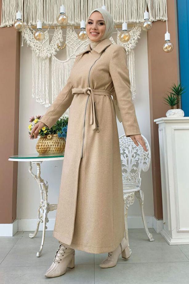 Tesettür giyim TABA KUŞAKLI MANTO T 8777 - TRENDTESETTÜR