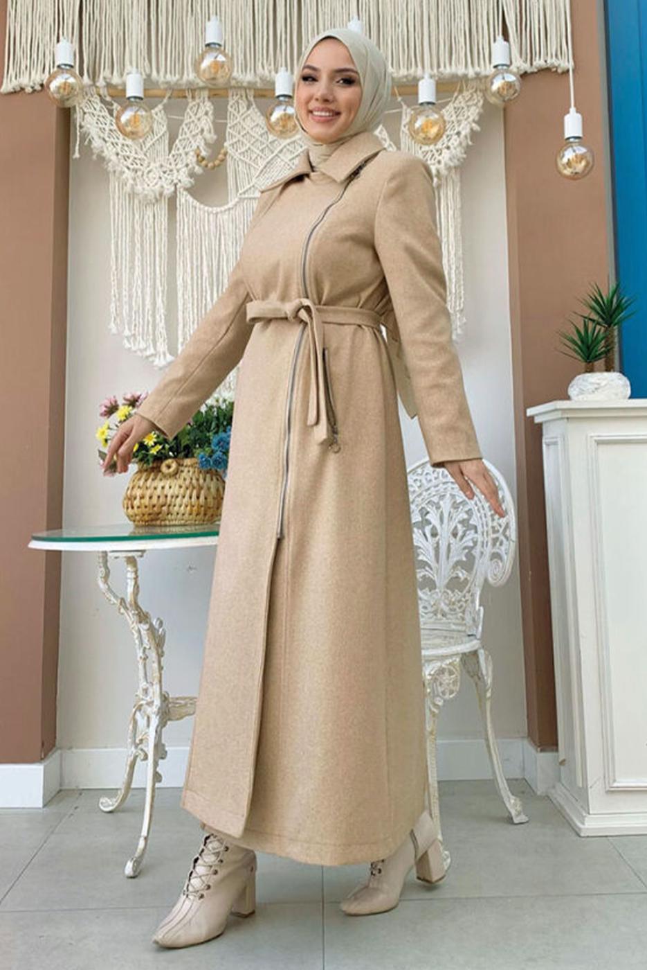 Tesettür giyim TABA KUŞAKLI MANTO T 8777