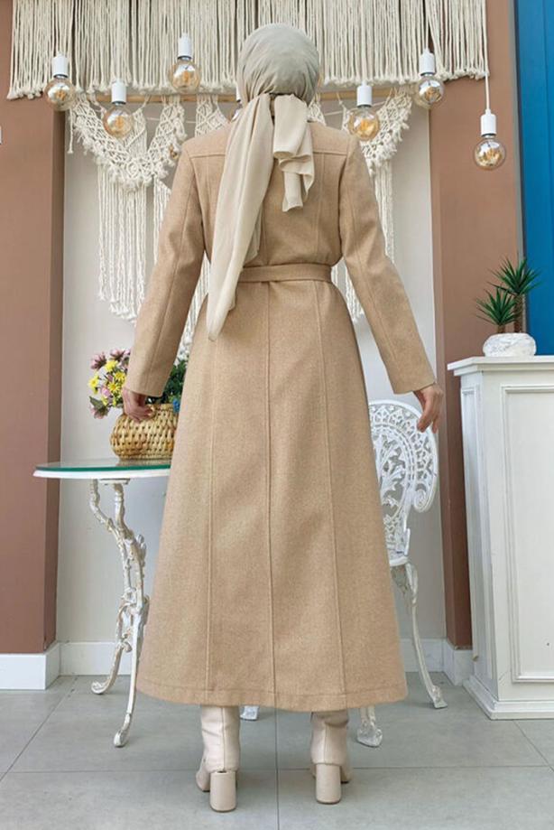 Tesettür giyim TABA KUŞAKLI MANTO T 8777 - TRENDTESETTÜR