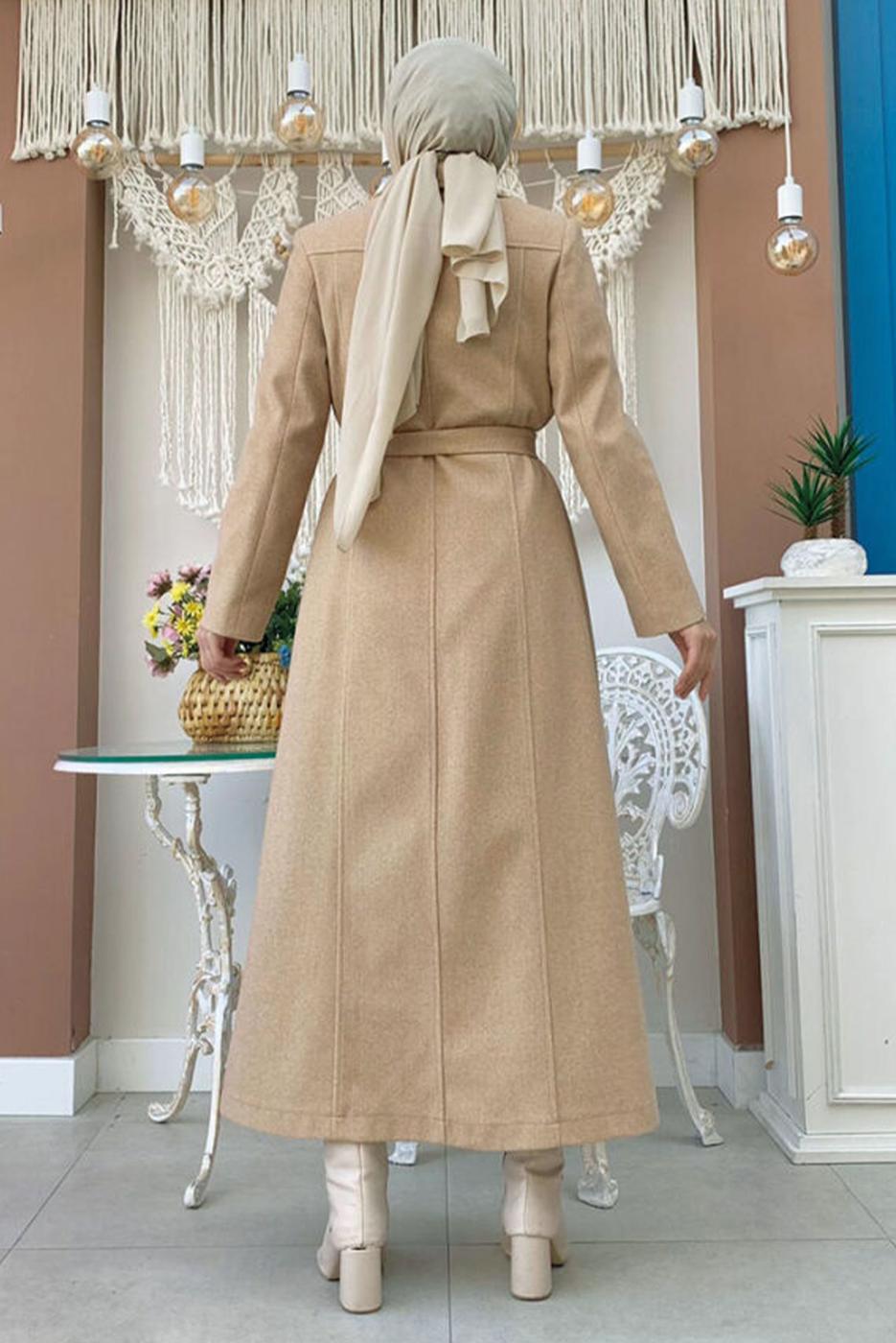 Tesettür giyim TABA KUŞAKLI MANTO T 8777