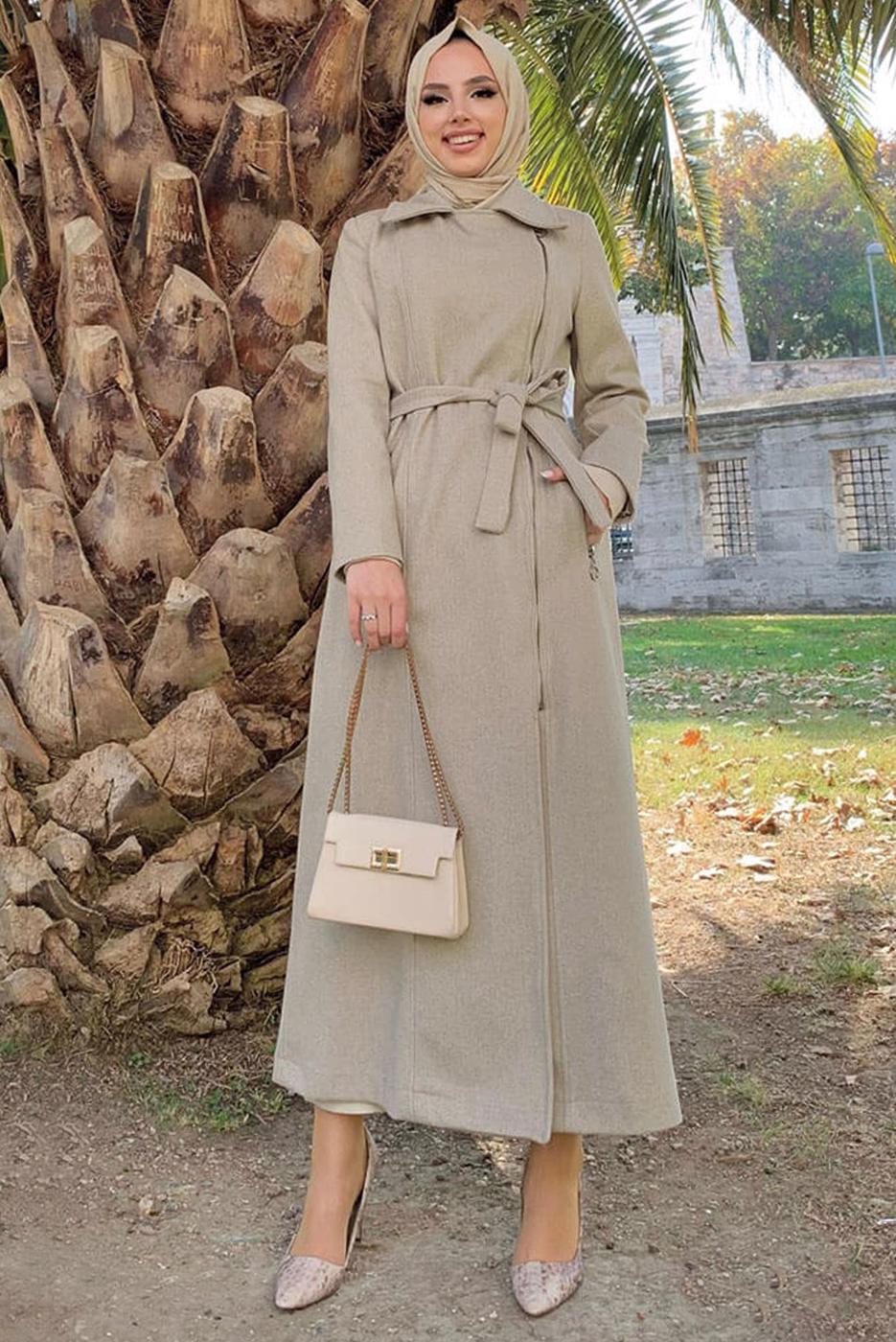 Tesettür giyim VİZON KUŞAKLI MANTO T 8777