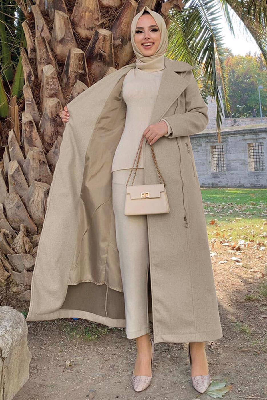 Tesettür giyim VİZON KUŞAKLI MANTO T 8777