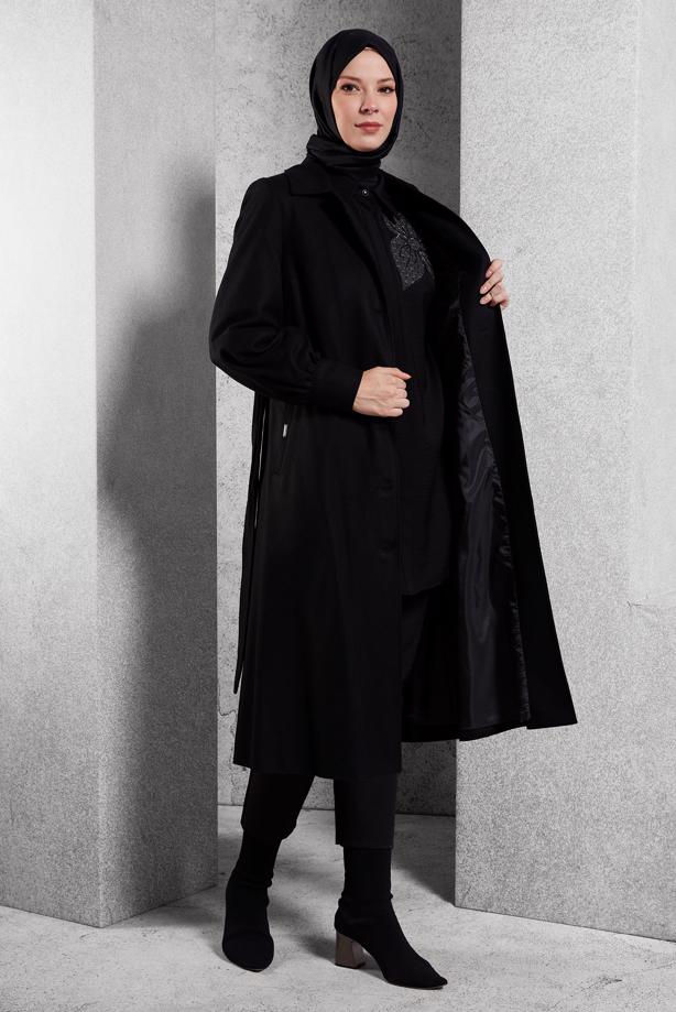 Hijab clothing BLACK T 90458 ALVİNA HOLMAN BRUSHED KABAN 38/46 TEK40 - TRENDTESETTÜR