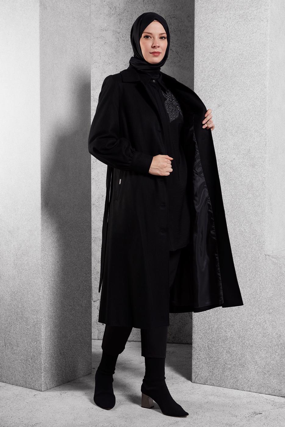 Hijab clothing BLACK ALVINA BELTED COAT T 90458