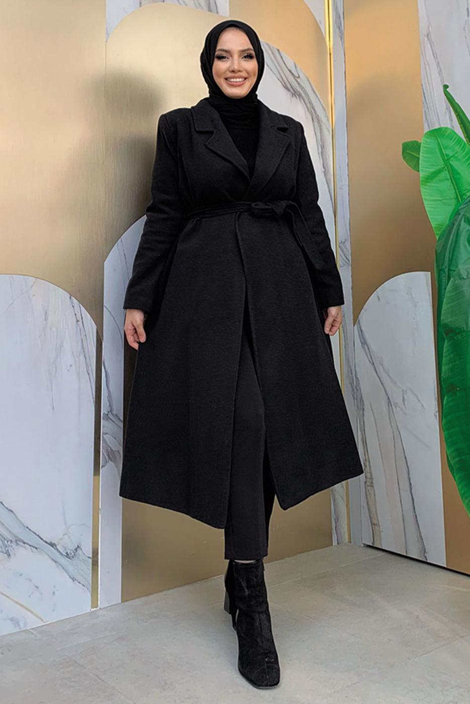 Tesettür giyim SİYAH KUŞAKLI KAŞE KABAN T 9157