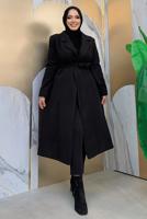 Tesettür giyim SİYAH KUŞAKLI KAŞE KABAN T 9157