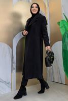 Tesettür giyim SİYAH KUŞAKLI KAŞE KABAN T 9157