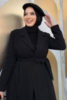 Tesettür giyim SİYAH KUŞAKLI KAŞE KABAN T 9157