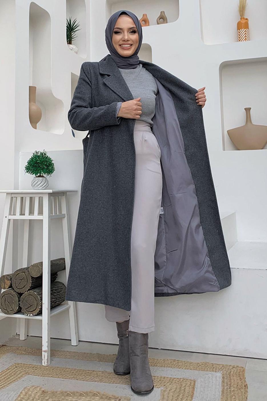 Tesettür giyim GRİ KUŞAKLI KAŞE KABAN T 9157