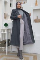 Tesettür giyim GRİ KUŞAKLI KAŞE KABAN T 9157