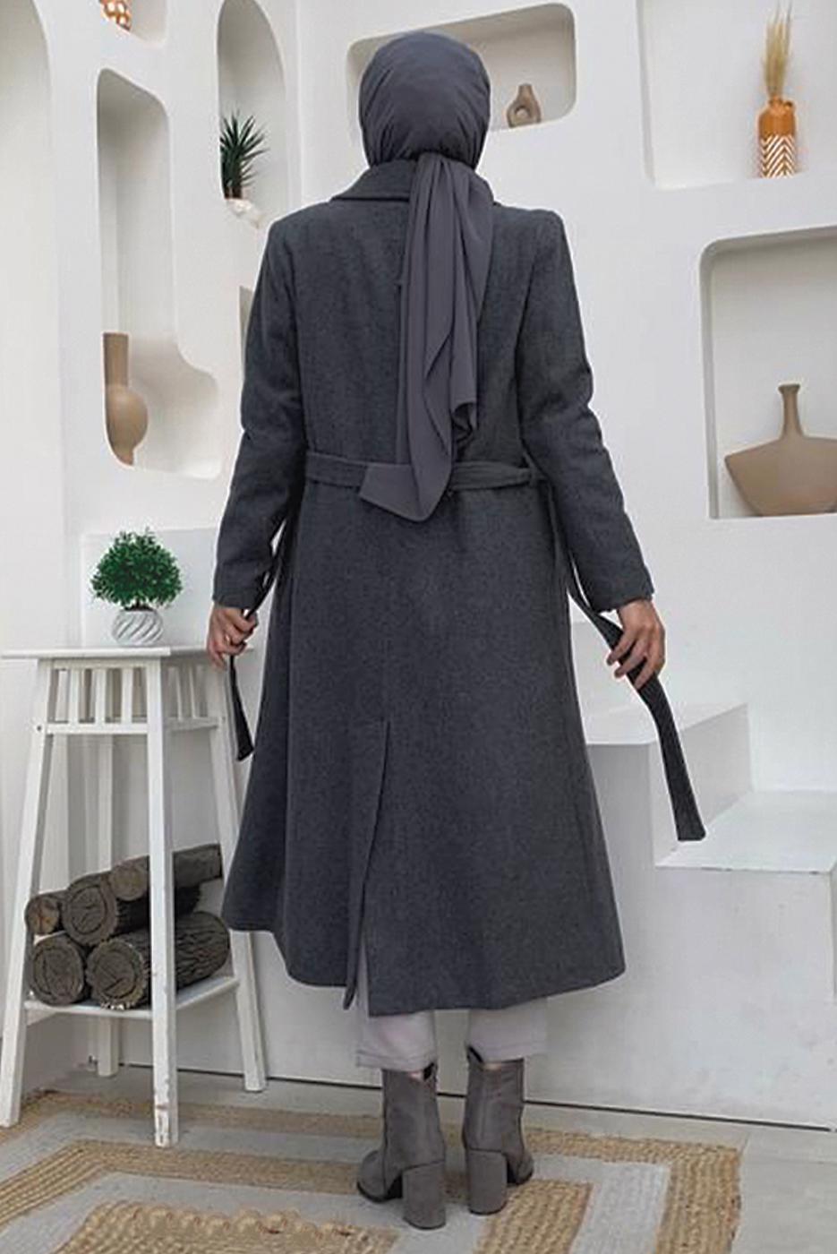Tesettür giyim GRİ KUŞAKLI KAŞE KABAN T 9157