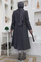 Tesettür giyim GRİ KUŞAKLI KAŞE KABAN T 9157