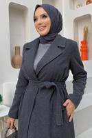 Tesettür giyim GRİ KUŞAKLI KAŞE KABAN T 9157