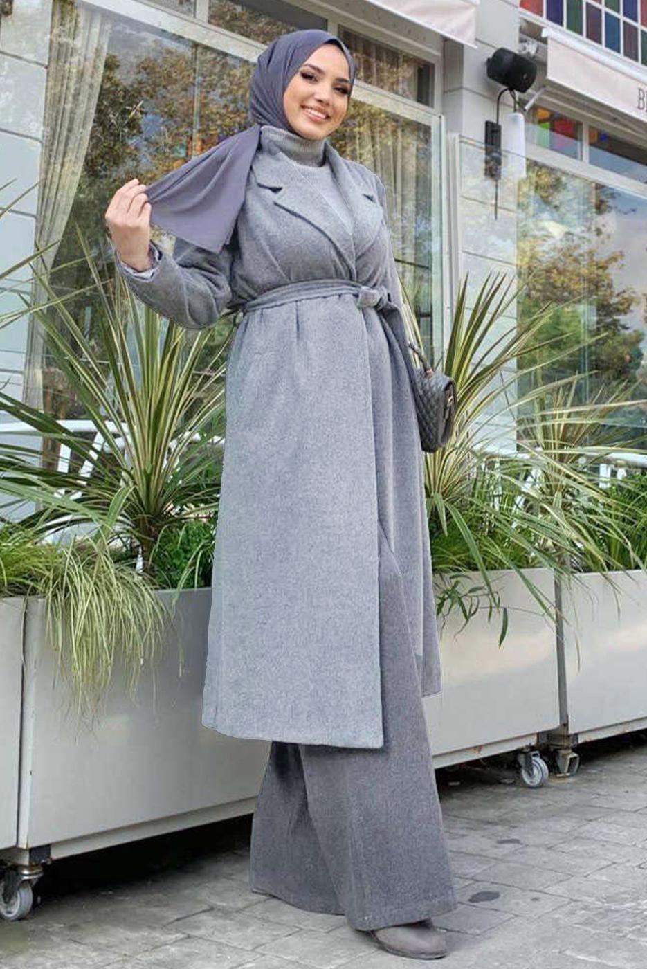Tesettür giyim GRİ KUŞAKLI KAŞE KABAN T 9157