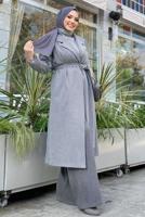 Tesettür giyim GRİ KUŞAKLI KAŞE KABAN T 9157