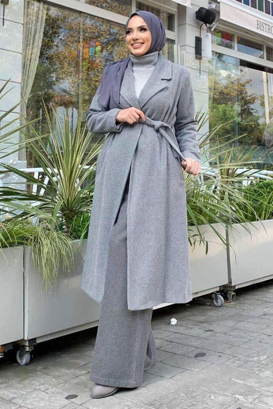 Tesettür giyim GRİ KUŞAKLI KAŞE KABAN T 9157