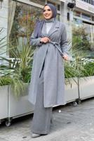 Tesettür giyim GRİ KUŞAKLI KAŞE KABAN T 9157
