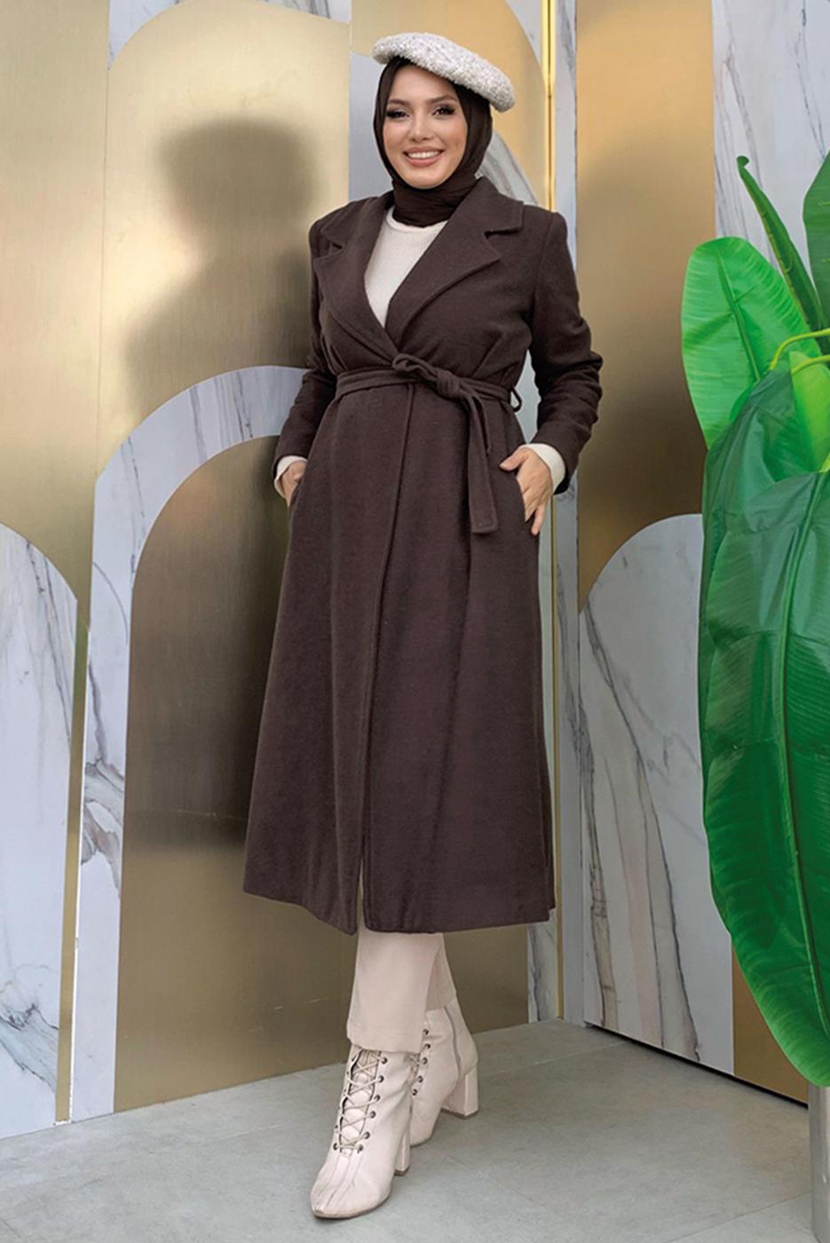 Tesettür giyim KAHVE KUŞAKLI KAŞE KABAN T 9157