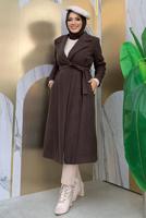 Tesettür giyim KAHVE KUŞAKLI KAŞE KABAN T 9157