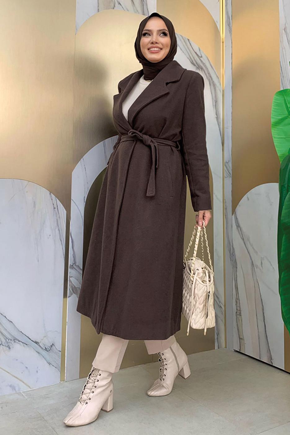 Tesettür giyim KAHVE KUŞAKLI KAŞE KABAN T 9157