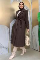 Tesettür giyim KAHVE KUŞAKLI KAŞE KABAN T 9157
