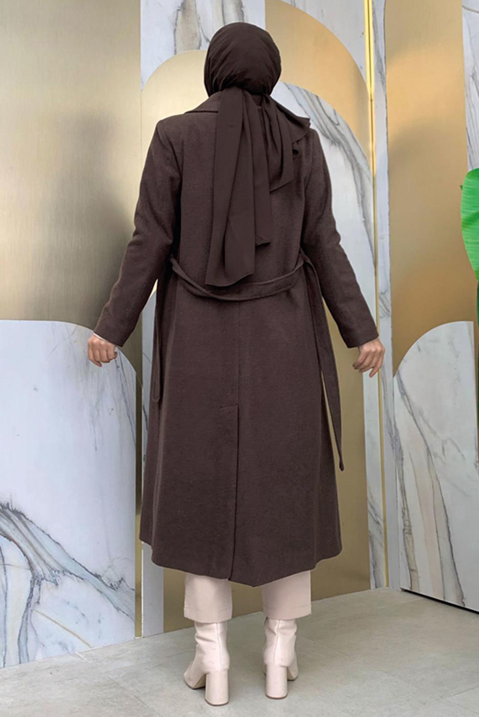 Tesettür giyim KAHVE KUŞAKLI KAŞE KABAN T 9157