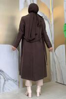 Tesettür giyim KAHVE KUŞAKLI KAŞE KABAN T 9157