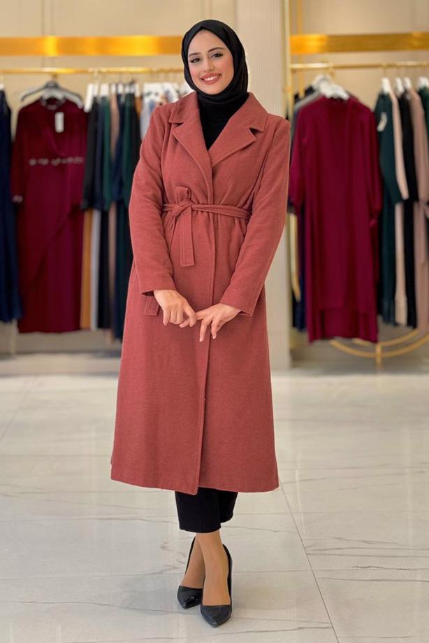 Hijab clothing BROWN BELTED COAT T 9157 - TRENDTESETTÜR