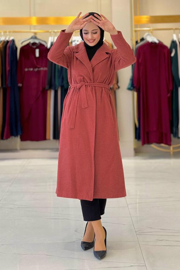 Hijab clothing BROWN BELTED COAT T 9157 - TRENDTESETTÜR