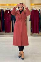 Tesettür giyim KAHVE KUŞAKLI KAŞE KABAN T 9157