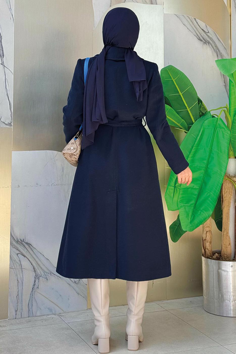 Vêtements hijab BLEU MARINE MANTEAU CEINTURE T 9157