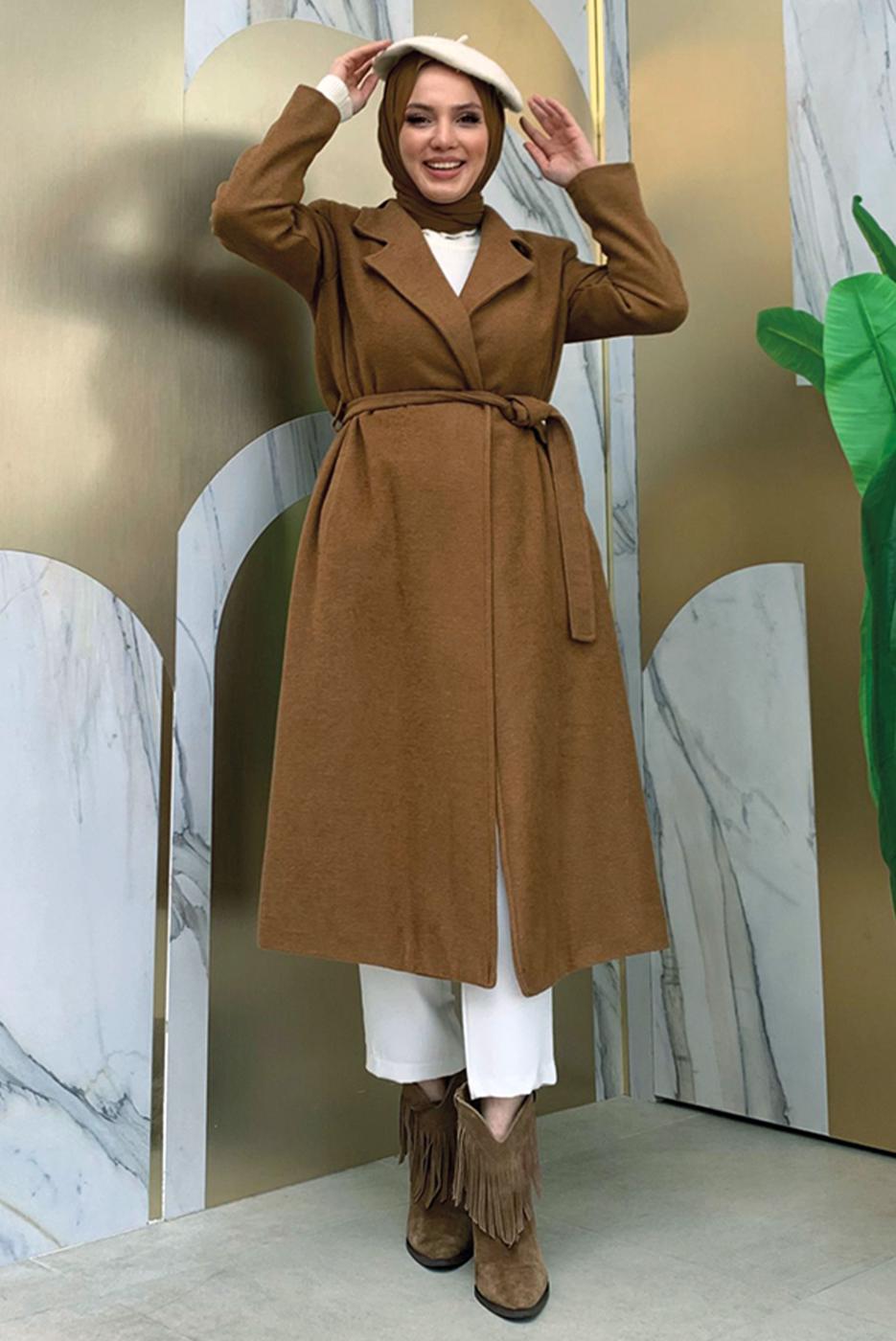 Tesettür giyim TABA KUŞAKLI KAŞE KABAN T 9157