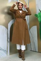 Tesettür giyim TABA KUŞAKLI KAŞE KABAN T 9157