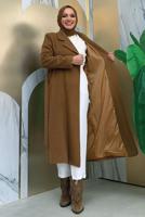 Tesettür giyim TABA KUŞAKLI KAŞE KABAN T 9157