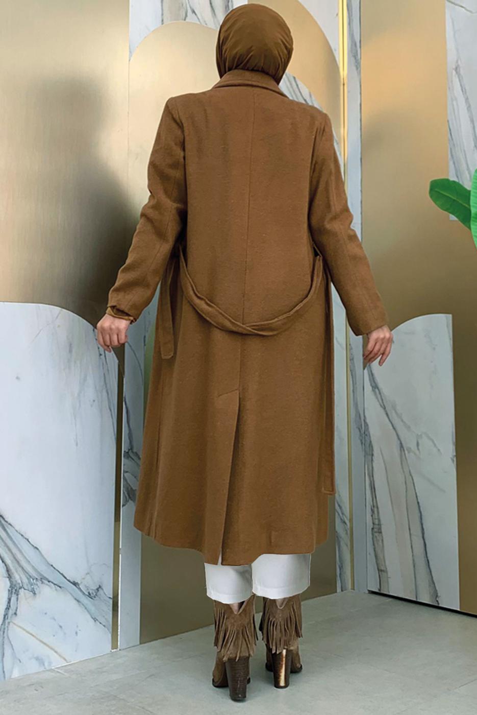 Tesettür giyim TABA KUŞAKLI KAŞE KABAN T 9157