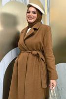 Tesettür giyim TABA KUŞAKLI KAŞE KABAN T 9157