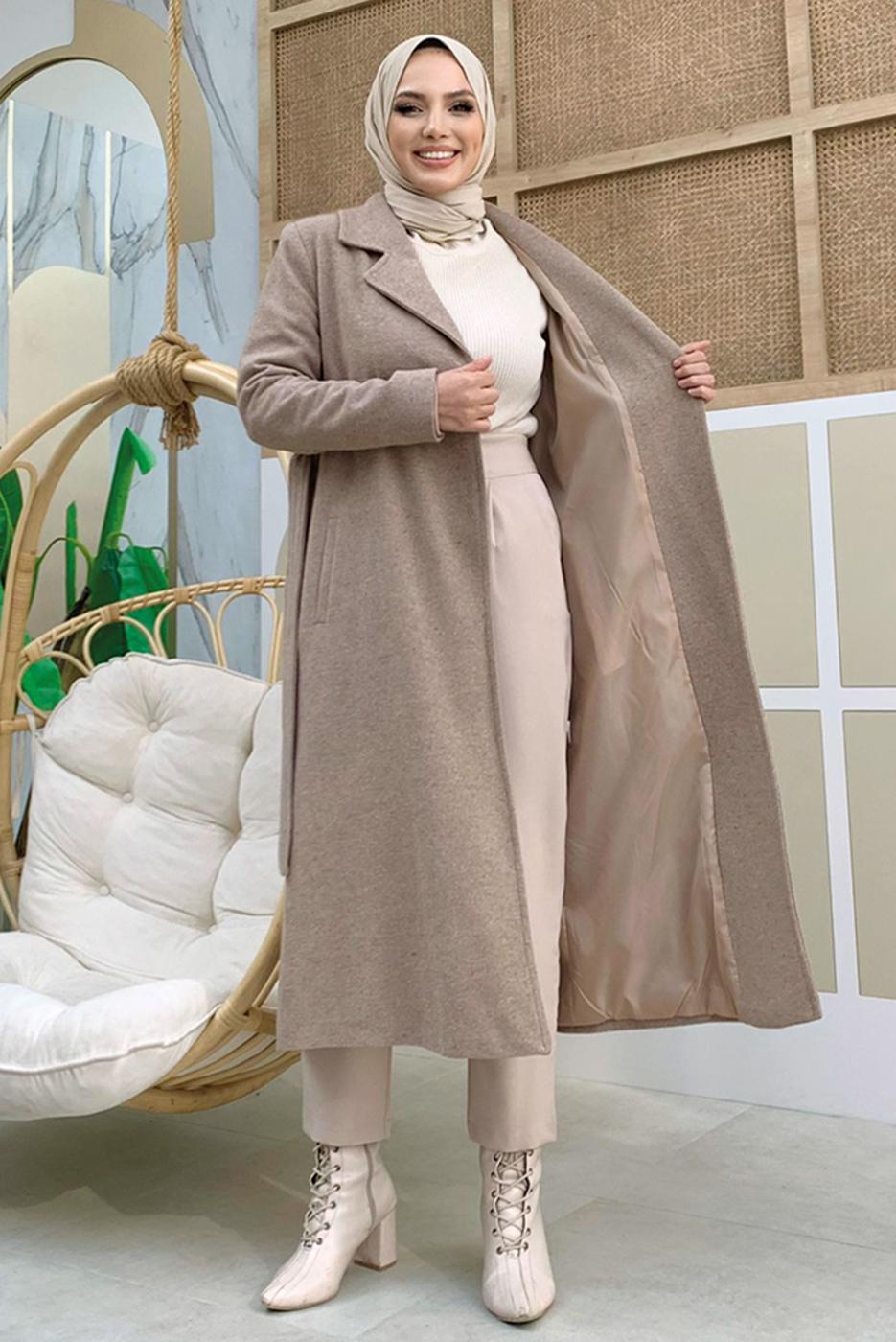 Tesettür giyim VİZON KUŞAKLI KAŞE KABAN T 9157