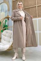 Tesettür giyim VİZON KUŞAKLI KAŞE KABAN T 9157