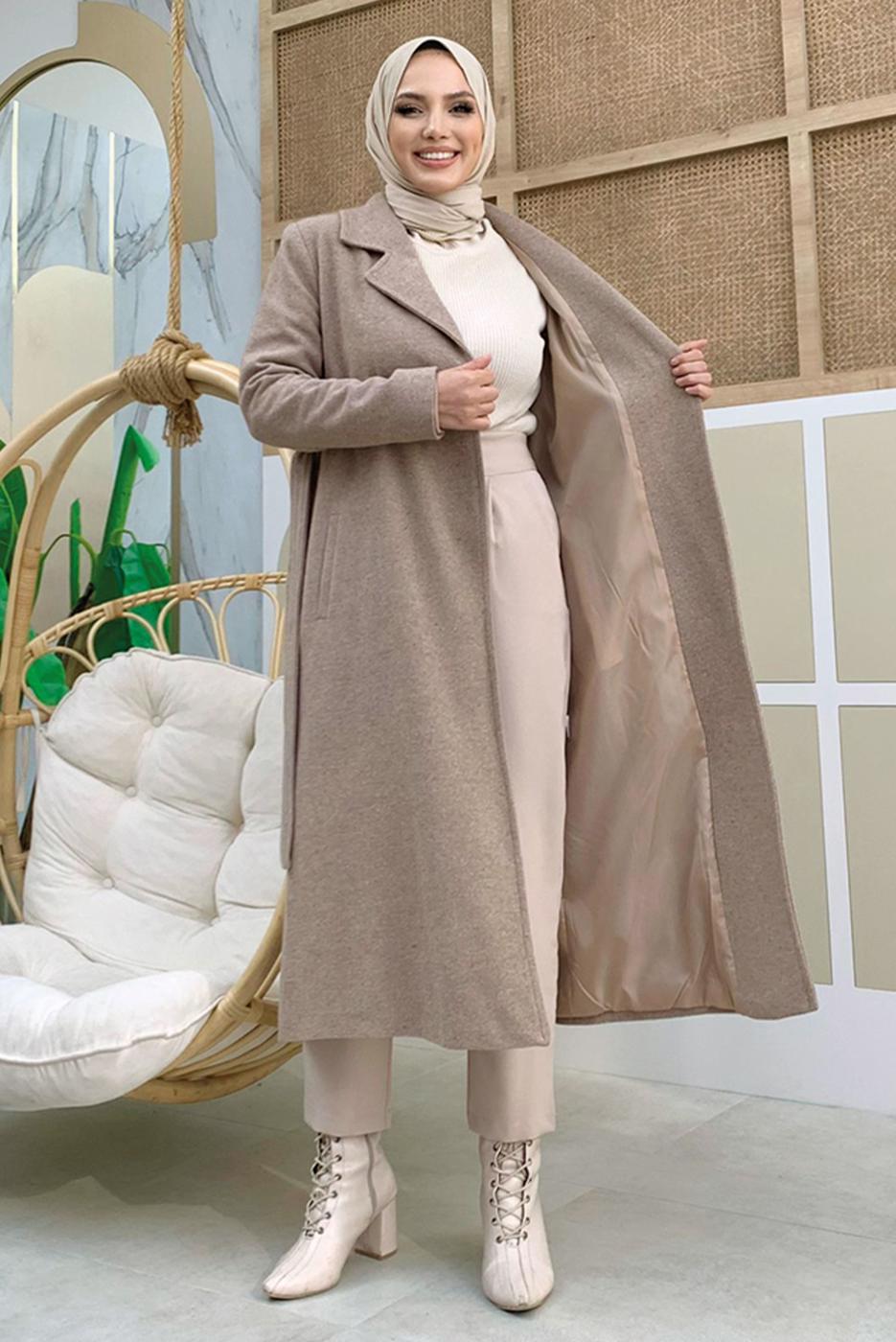 Tesettür giyim VİZON KUŞAKLI KAŞE KABAN T 9157