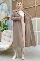 Tesettür giyim VİZON KUŞAKLI KAŞE KABAN T 9157