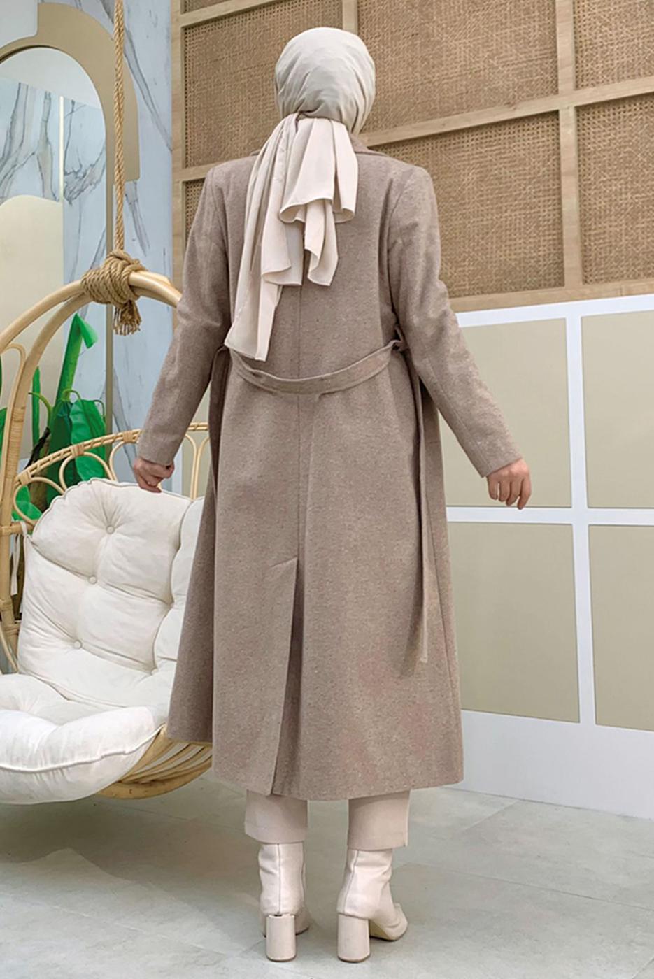 Tesettür giyim VİZON KUŞAKLI KAŞE KABAN T 9157