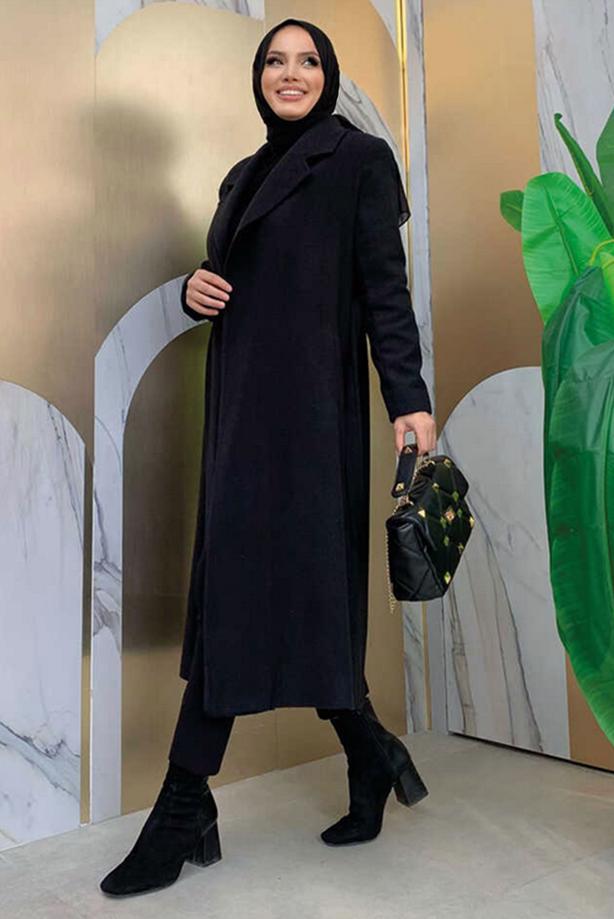 Vêtements hijab NOIR MANTEAU CEINTURÉ GRANDE TAILLE T 9157-1 - TRENDTESETTÜR