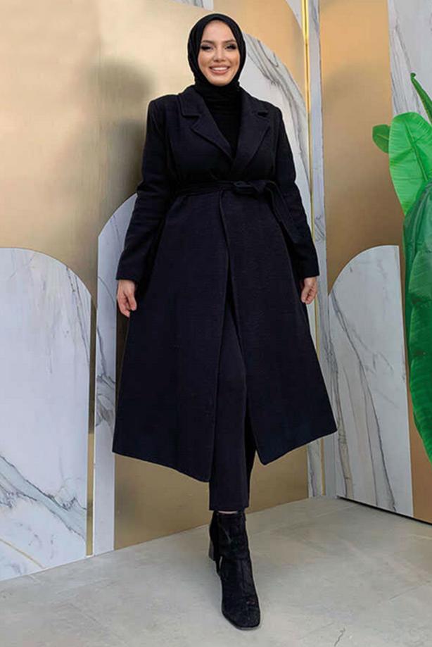 Vêtements hijab NOIR MANTEAU CEINTURÉ GRANDE TAILLE T 9157-1 - TRENDTESETTÜR