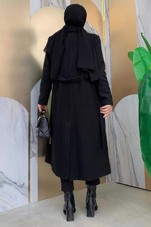 Vêtements hijab NOIR MANTEAU CEINTURÉ GRANDE TAILLE T 9157-1 - TRENDTESETTÜR
