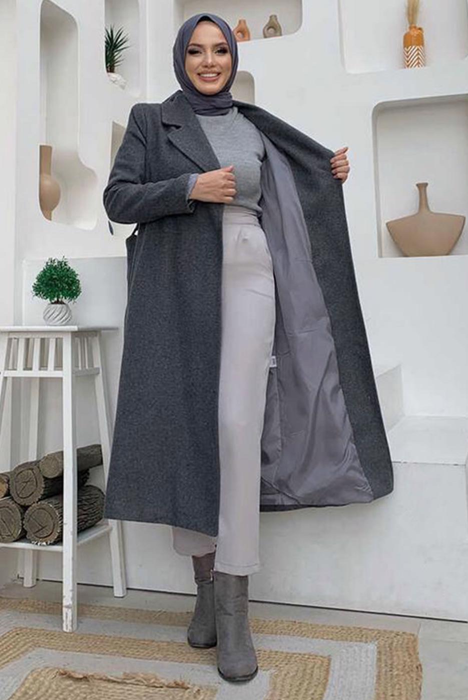 Hijab clothing GREY PLUS SIZE BELTED COAT T 9157-1