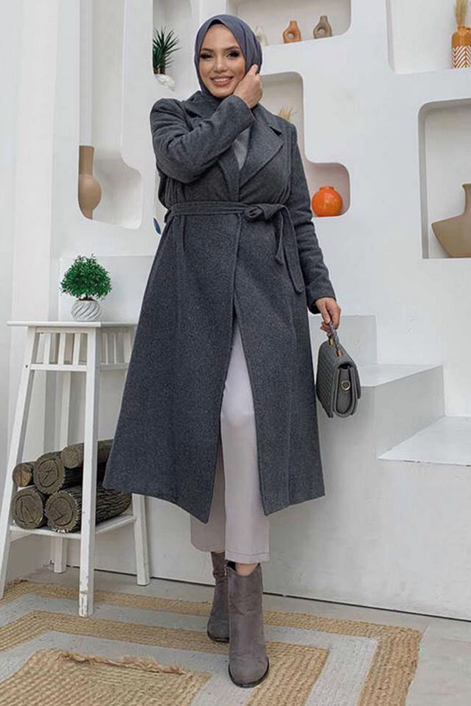 Hijab clothing GREY PLUS SIZE BELTED COAT T 9157-1