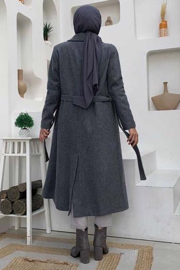 Vêtements hijab GRIS MANTEAU CEINTURÉ GRANDE TAILLE T 9157-1 - TRENDTESETTÜR
