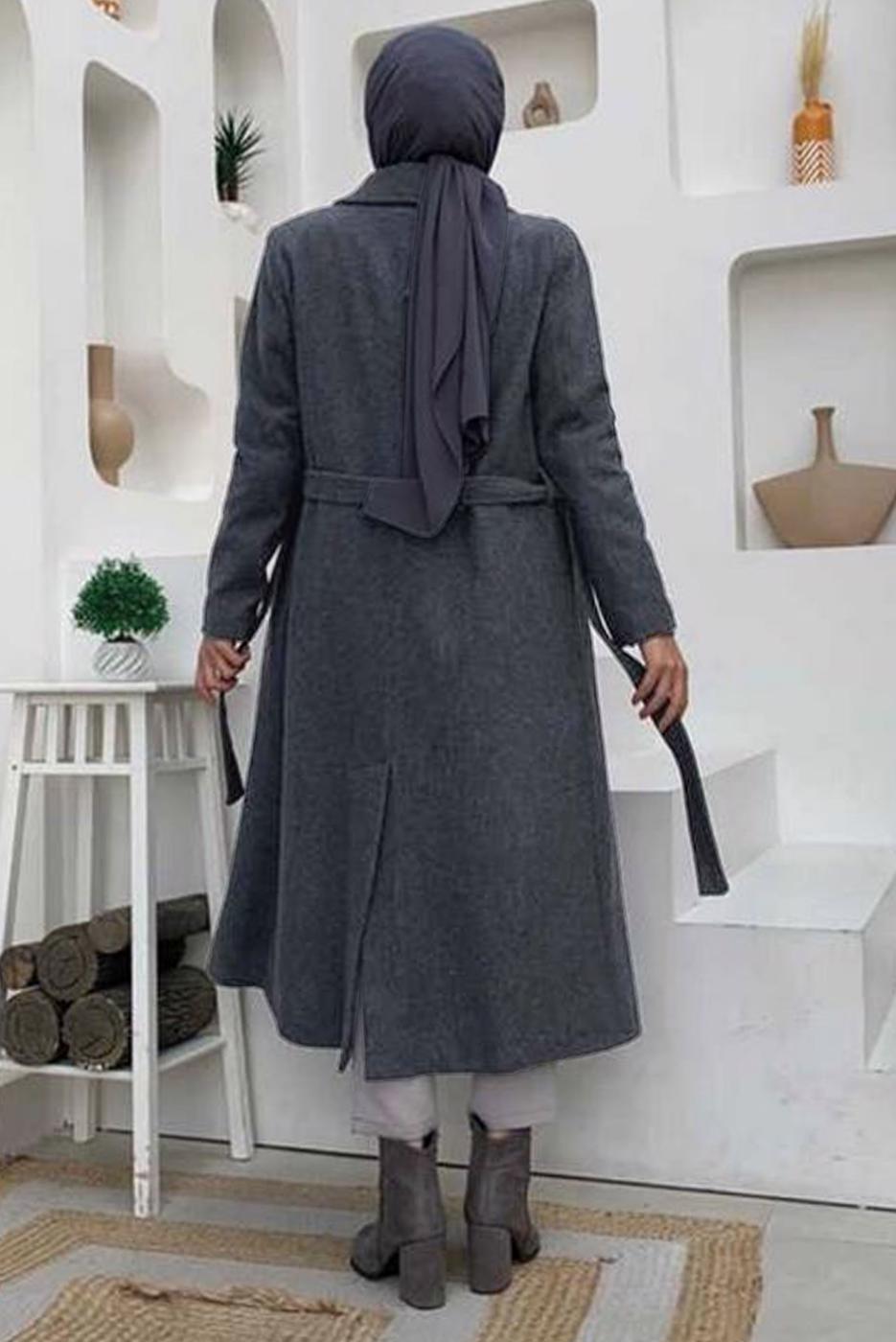 Hijab clothing GREY PLUS SIZE BELTED COAT T 9157-1